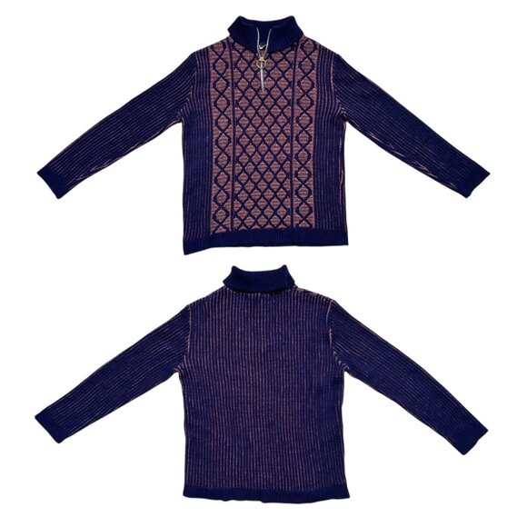 70s vintage quarter zip sweater o-ring rainbow knitted pattern turtleneck. - Picture 6 of 10